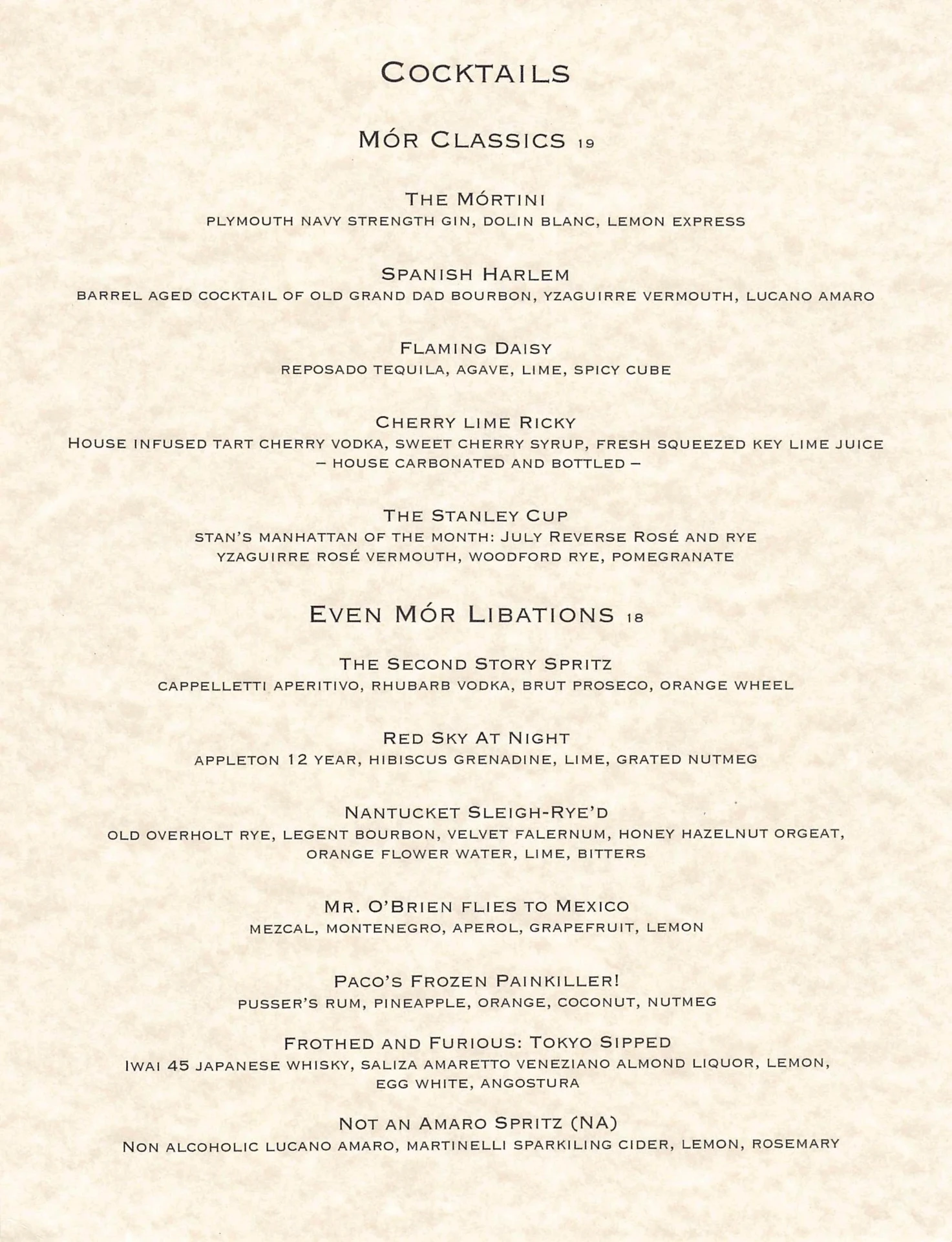 Printed cocktail menu listing Mór Classics and Even Mór Libations