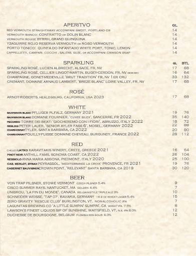Printed drinks menu listing aperitivo, sparkling, rosé, white, red and beer
